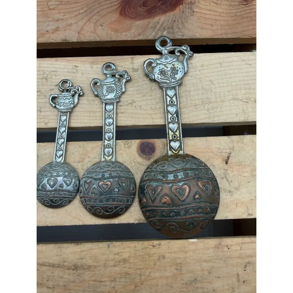 Vintage Pewter & Copper Tone Teapot Measuring Spoons - (Set of 4)